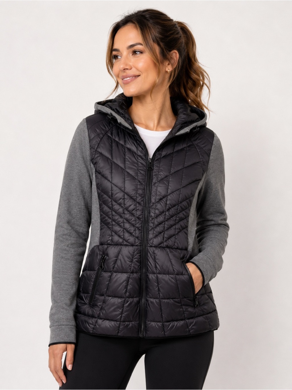Bernardo Quilted Puffer Jacket Gray Black Hooded Lightweight Coat Size M